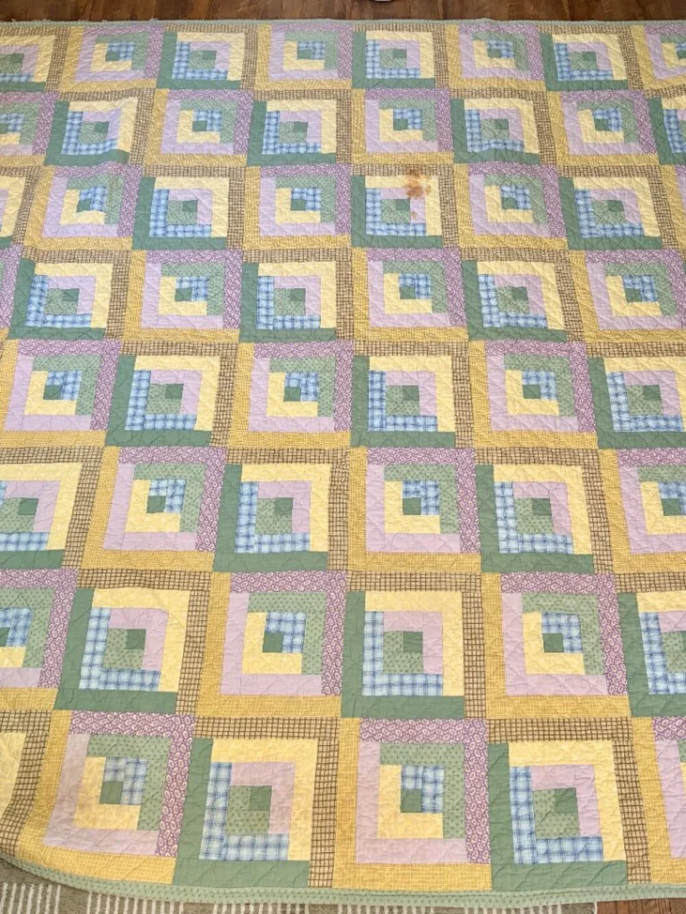 Vintage Log Cabin Quilt | Large Handmade Pastel Patchwork Quilt | 84